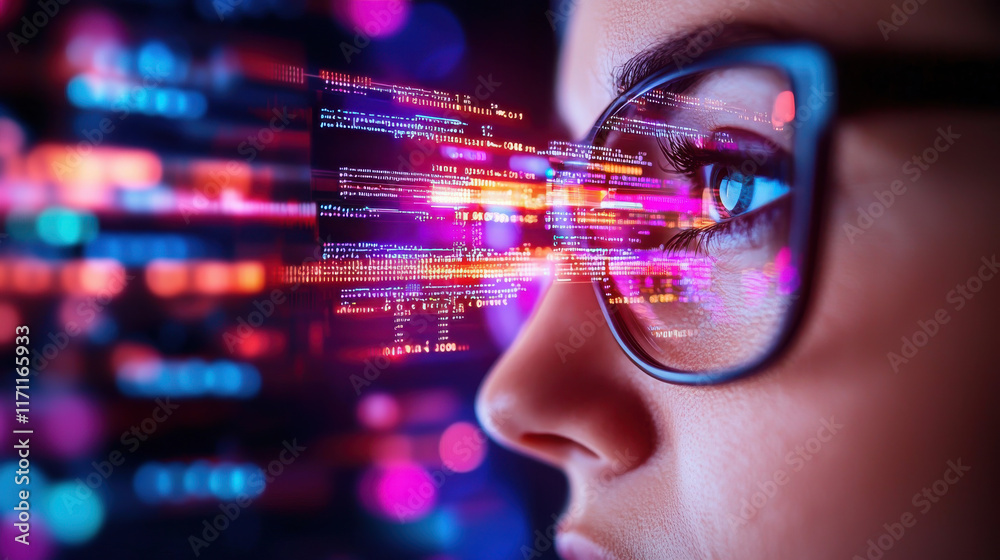 Poster close up of focused individual analyzing digital data trends through glasses, showcasing vibrant col