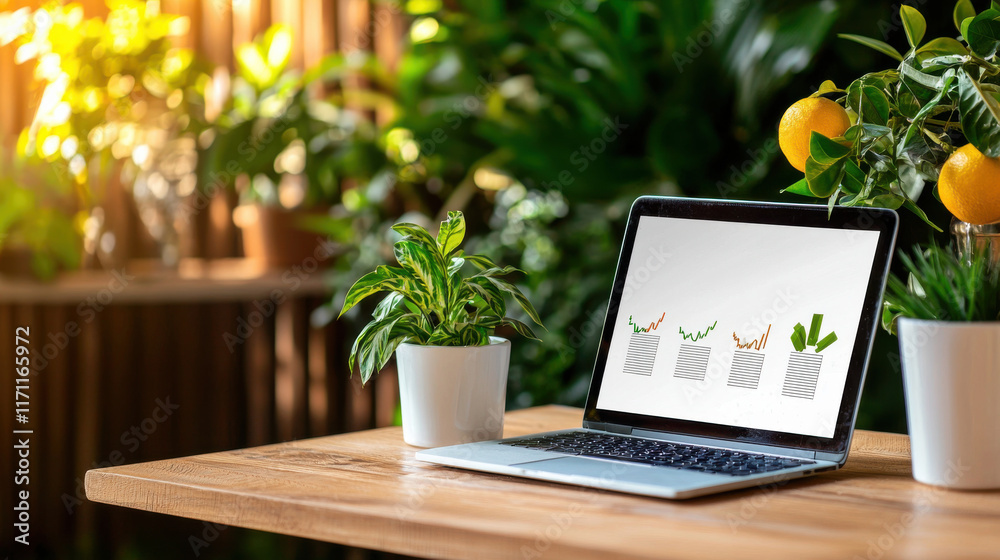 Poster laptop on wooden table surrounded by plants, showcasing vibrant workspace. greenery adds refreshing 