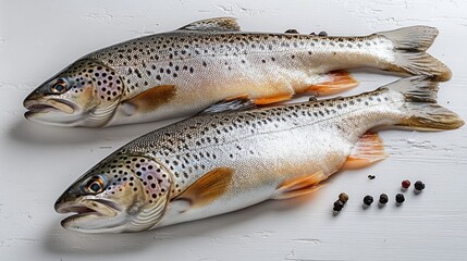 Freshly caught brown trout displayed on a white surface with scattered peppercorns nearby for a culinary preparation