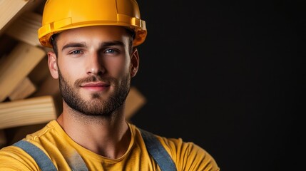 Portrait of a confident construction worker wearing a yellow hard hat and orange shirt against a backdrop of stacked wooden materials