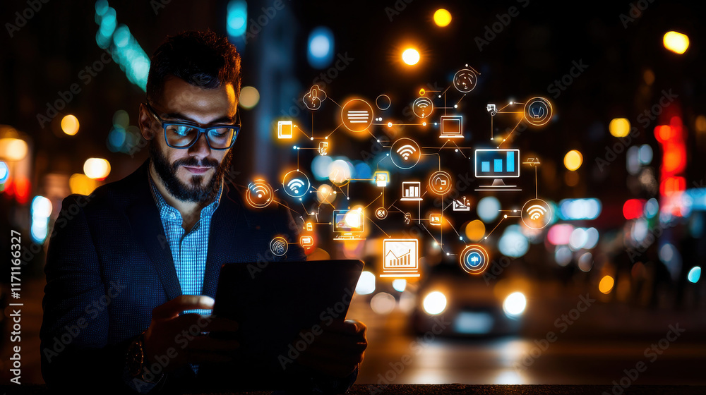 Aufkleber man using tablet in futuristic city at night, surrounded by digital icons representing smart technology and connectivity