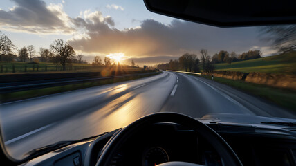 driving truck during spring on the road during mid-day with a eye-level angle with front-lighting 
