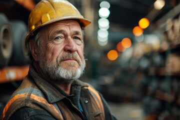 Experienced worker in a warehouse wearing safety gear, surrounded by shelves stocked with goods during afternoon hours