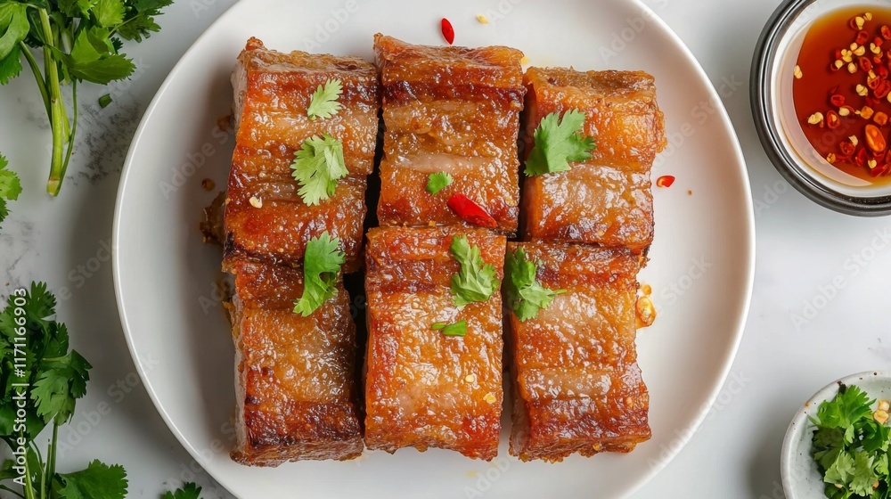 Poster a top-down view of crispy pork belly on a white plate, garnished with coriander and chili peppers, r