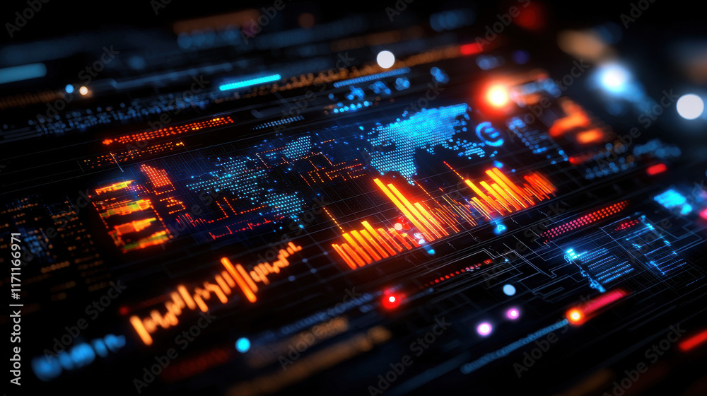 Aufkleber futuristic scene of big data visualization featuring vibrant graphs, charts, and digital world map. glowing elements create dynamic and engaging atmosphere