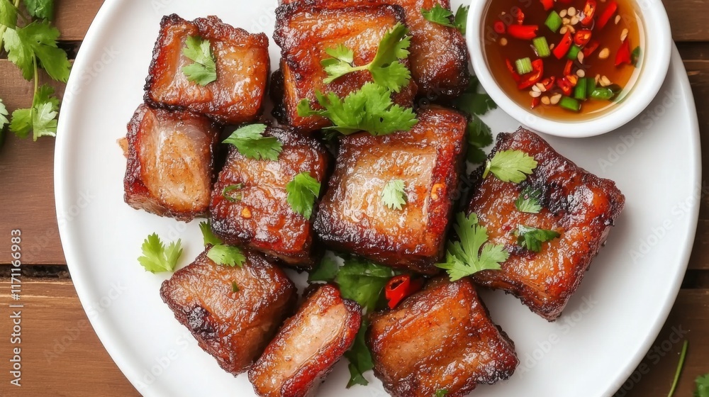 Poster a top-down view of crispy pork belly on a white plate, garnished with coriander and chili peppers, r