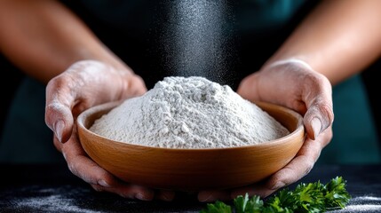 Fototapeta premium Hands pouring flour from a wooden bowl while preparing ingredients for baking in a cozy kitchen environment