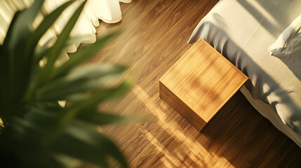 A top-down view of a nightstand in a hotel room with a cozy, blurred background, providing an empty wooden surface for product display and customization in a flawless with copy space 