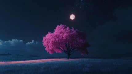 A large, luminous pink tree standing in a field of grass, with a dark, starry sky and the moon shining above, creating a magical atmosphere.
