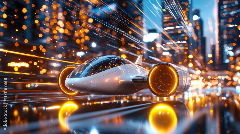 Aufkleber futuristic vehicle speeding through vibrant cityscape at night, showcasing advanced technology and d