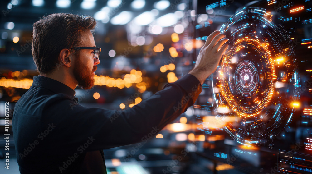 Poster man interacts with futuristic holographic interface, showcasing advanced technology and cybersecurity features. scene is illuminated with vibrant lights, creating dynamic atmosphere