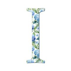 Fototapeta premium Watercolor hydrangea flowers blue letter I for card design