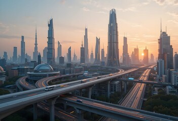 Futuristic cityscapes showcasing advanced transportation systems at dusk