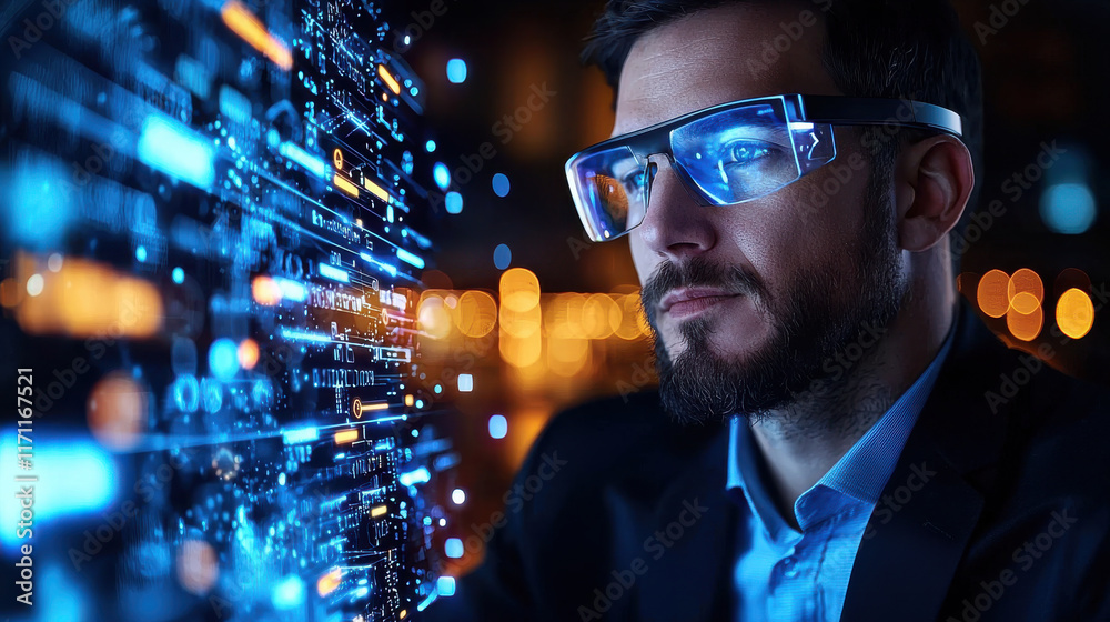 Poster man wearing augmented reality glasses interacts with digital interface, showcasing futuristic workspace filled with vibrant data streams and glowing elements