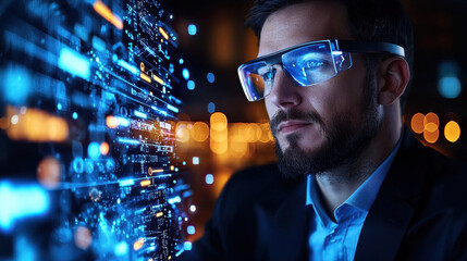 man wearing augmented reality glasses interacts with digital interface, showcasing futuristic workspace filled with vibrant data streams and glowing elements