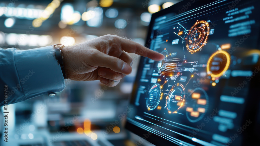 Poster Futuristic workspace with holographic screens displaying data and analytics, showcasing advanced technology and user interaction