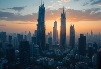 Naklejka premium An urban skyline featuring futuristic skyscrapers against a sunset backdrop