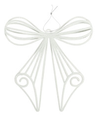 Beautiful white ribbon bow tie tied decoration ornament isolated on white background. Lovely Christmas tree items decor concept