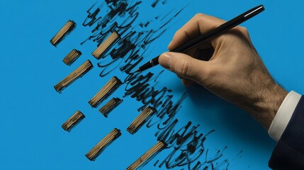A hand drawing abstract shapes on a blue background with a black pen.