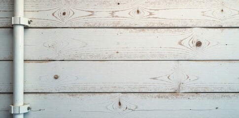 Fototapeta premium Close-up of white wood texture background with wooden beam structure and industrial pipe elements, minimalist design, white wood texture