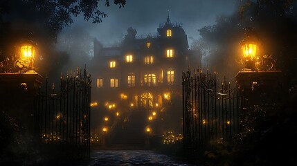 Mysterious, fog-shrouded mansion at night, illuminated by warm, glowing lights through ornately decorated gates.