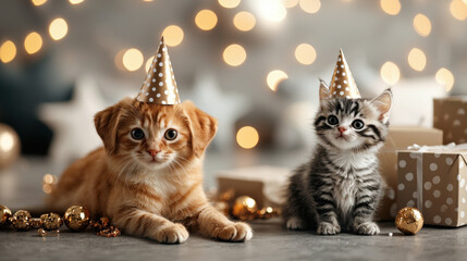 Obraz premium golden puppy and fluffy white kitten celebrate with party hats, surrounded by festive decorations and gifts, creating joyful atmosphere