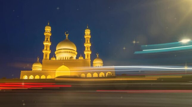 3d illustration of a mosque with golden moon and stars ornament, Ramadhan Kareem concept