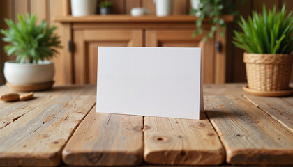 Blank business card on rustic wooden table with greenery, branding potential, mockup