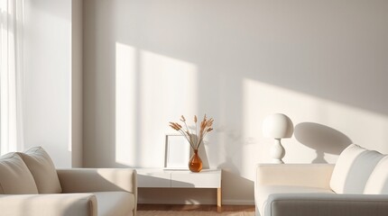 Photographic Minimalist Interior with Pale Furniture, Empty Photo Frame and Dried Flowers