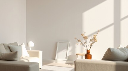Photographic Minimalist Interior with Pale Furniture, Empty Photo Frame and Dried Flowers