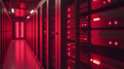 Secure Server Room with Red Lights in Background