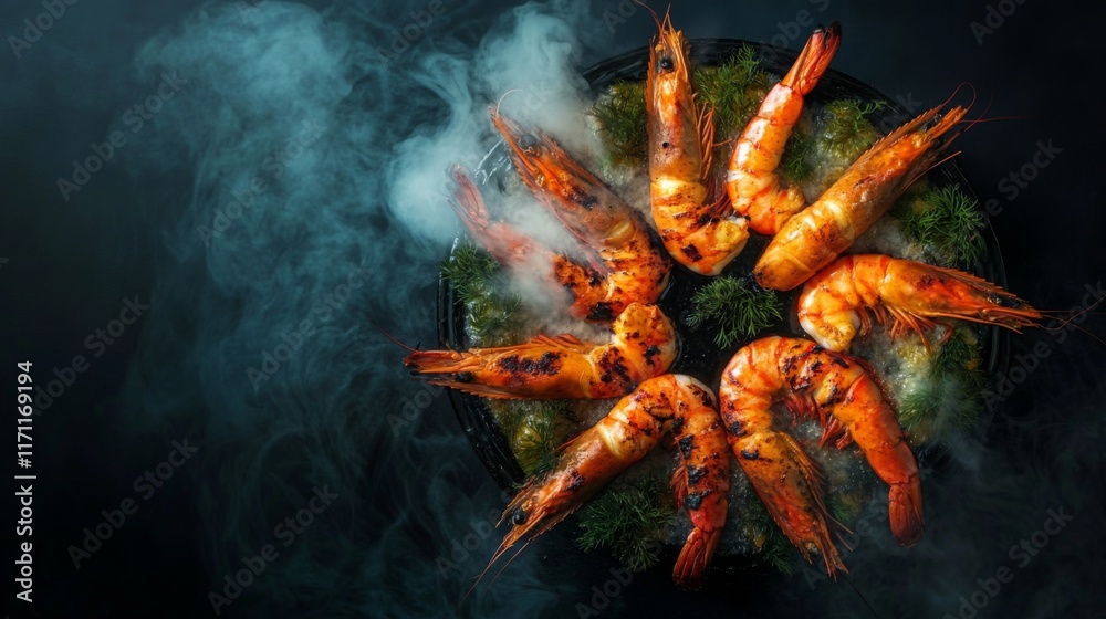 Poster a top-down view of large grilled prawns arranged in a circle on a platter, with steam rising and a g