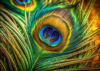 Obraz premium Surreal Green Peacock Feather: Blue & Brown Eyespot Plume, Indian Peafowl Tail