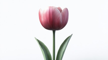 Single pink tulip flower on white background.