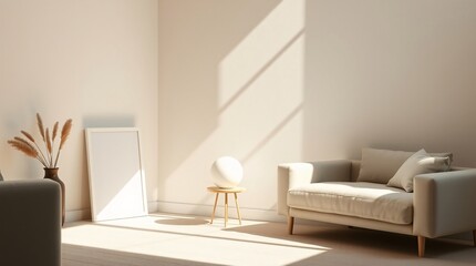 Photographic Minimalist Interior with Pale Furniture, Empty Photo Frame and Dried Flowers