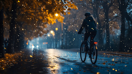 woman cycling during fall on the road during midnight with a profile angle 