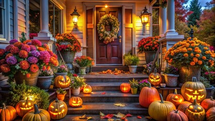 Obraz premium Surreal Halloween Porch: Pumpkins, Flowers & Glowing Lanterns