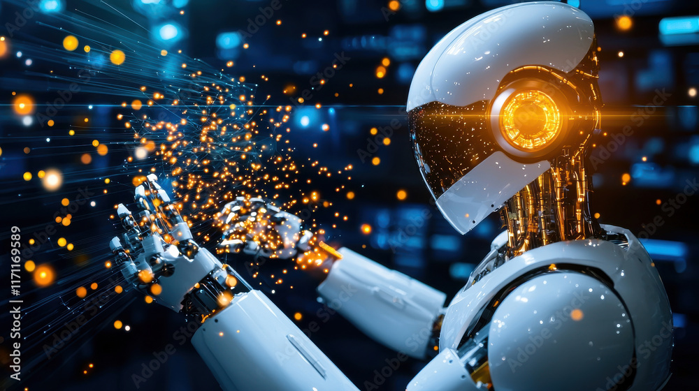 Poster futuristic robot interacting with digital particles, showcasing advanced technology and innovation in high tech environment. scene conveys sense of wonder and progress