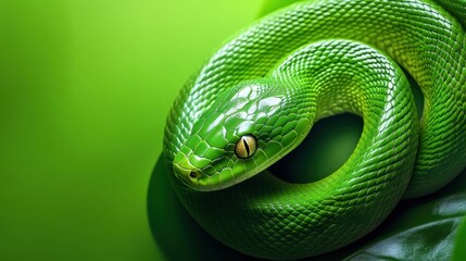 Fototapeta premium Green tree python resting on vibrant foliage in a rainforest habitat during daylight