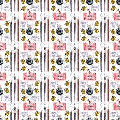 Watercolor seamless pattern with various objects of calligraphy