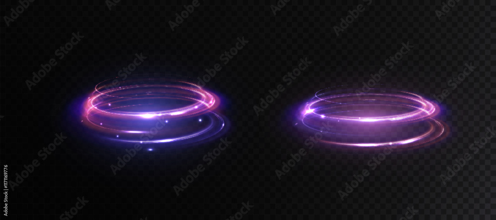 Poster Bright colorful glow light portal effect. Bright neon light around teleport podium. Magic gate in fantasy game. Glow for game interface design. Vector 10 EPS
