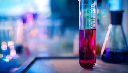 close up of a red chemical liquid in test tube, blurrylaboratory background made with Generative AI