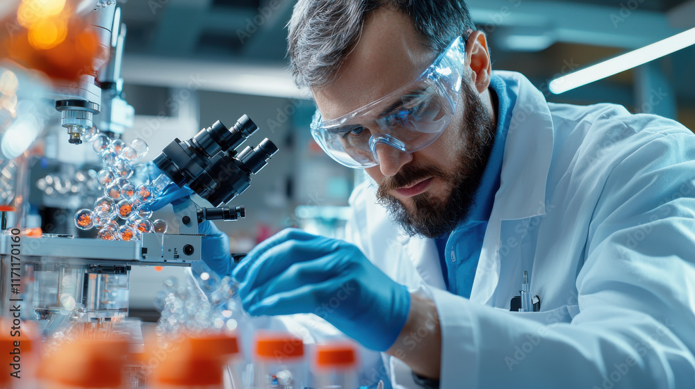 Poster scientist in lab coat examines samples under microscope, showcasing advanced research techniques. fo
