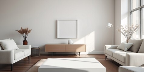 Fototapeta premium Photographic Minimalist Interior with Pale Furniture, Empty Photo Frame and Dried Flowers