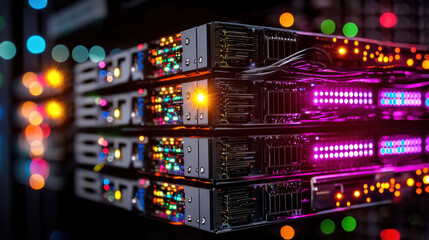 High tech server room with glowing data storage racks, showcasing vibrant lights and advanced technology. atmosphere is dynamic and modern, reflecting innovation and efficiency