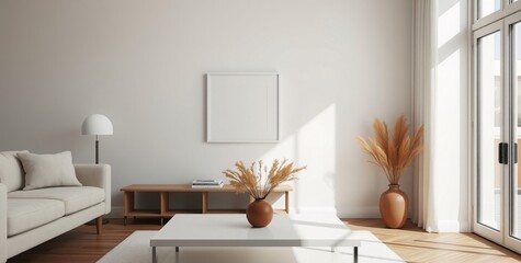 Photographic Minimalist Interior with Pale Furniture, Empty Photo Frame and Dried Flowers