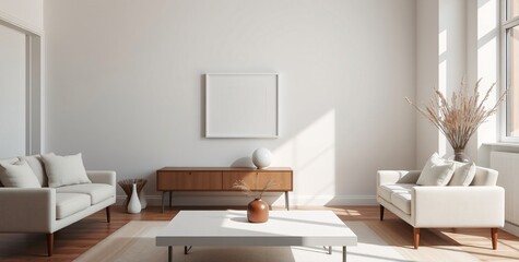 Photographic Minimalist Interior with Pale Furniture, Empty Photo Frame and Dried Flowers