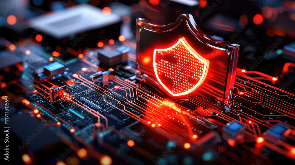 Fototapete digital shield symbolizing cybersecurity, composed of code fragments, glows on circuit board. this r