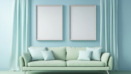 Mint green sofa with two blank frames on a light blue wall.