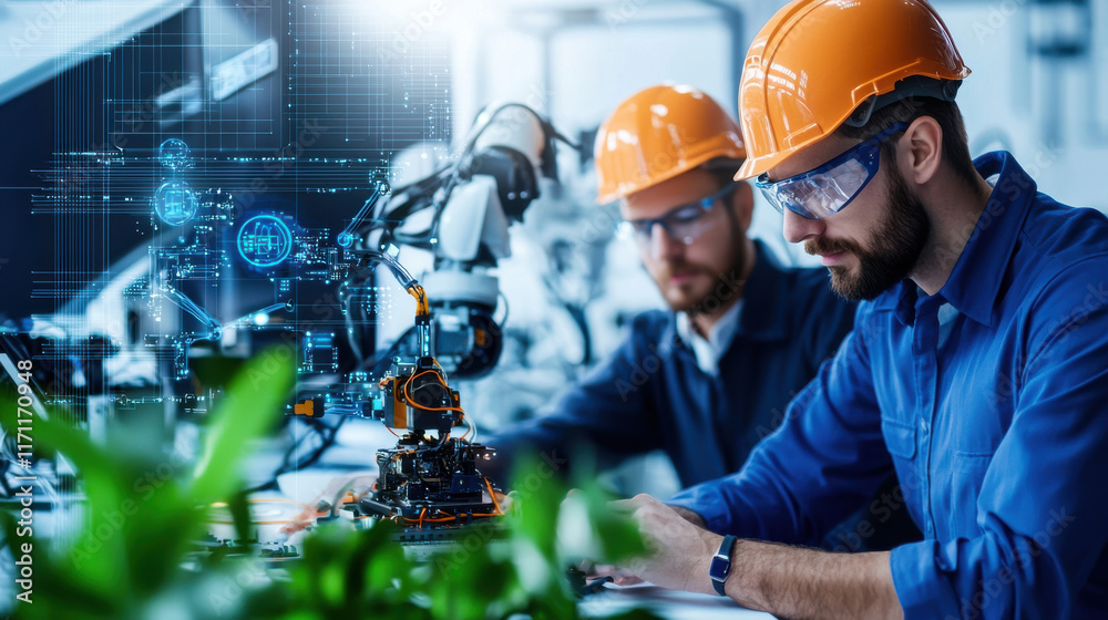 Poster Modern workspace featuring autonomous systems and engineers collaborating. scene showcases advanced technology, innovation, and teamwork in high tech environment